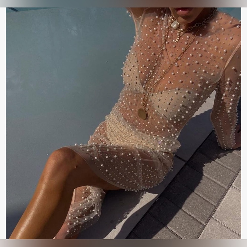 Pearl Mesh Rhinestone Cover Up See Through Mesh Maxi